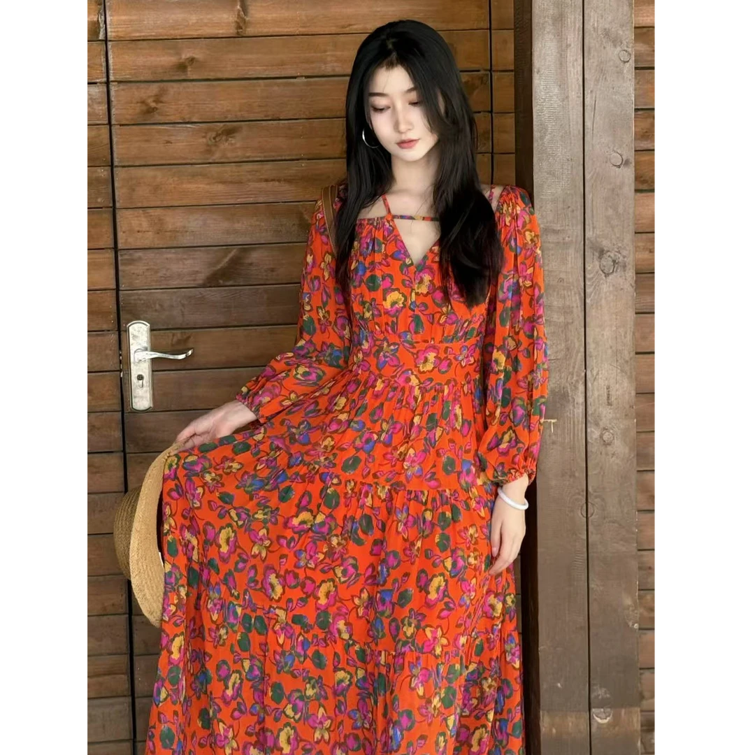 AMASS/阿玛施新款高腰时尚优雅气质宽松印花长袖V领连衣裙5500434