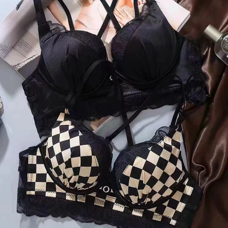 蜜思维特情调格子蕾丝性感无痕舒适女士格子小胸加厚时尚聚拢文胸