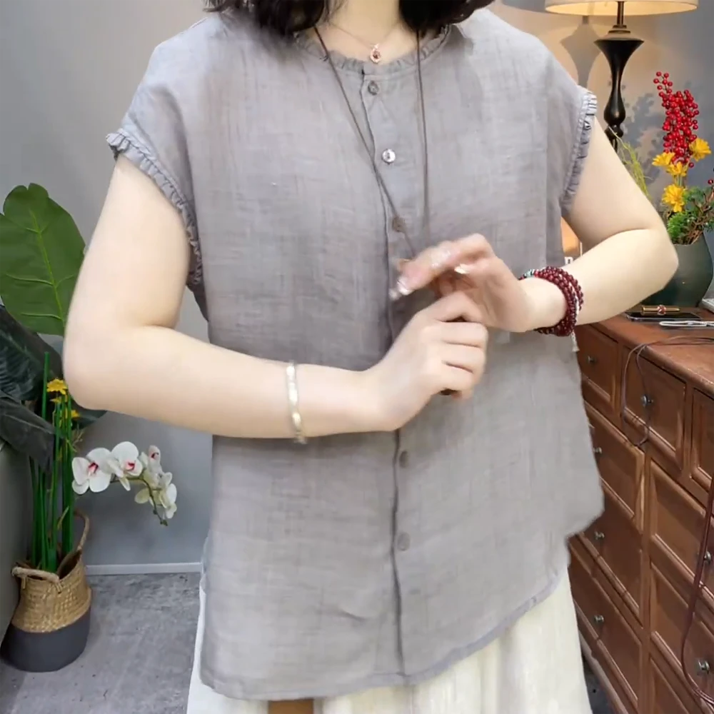 斜纹苎麻花边领衬衫女夏季单排扣显瘦百搭休闲气质小衫短袖上衣