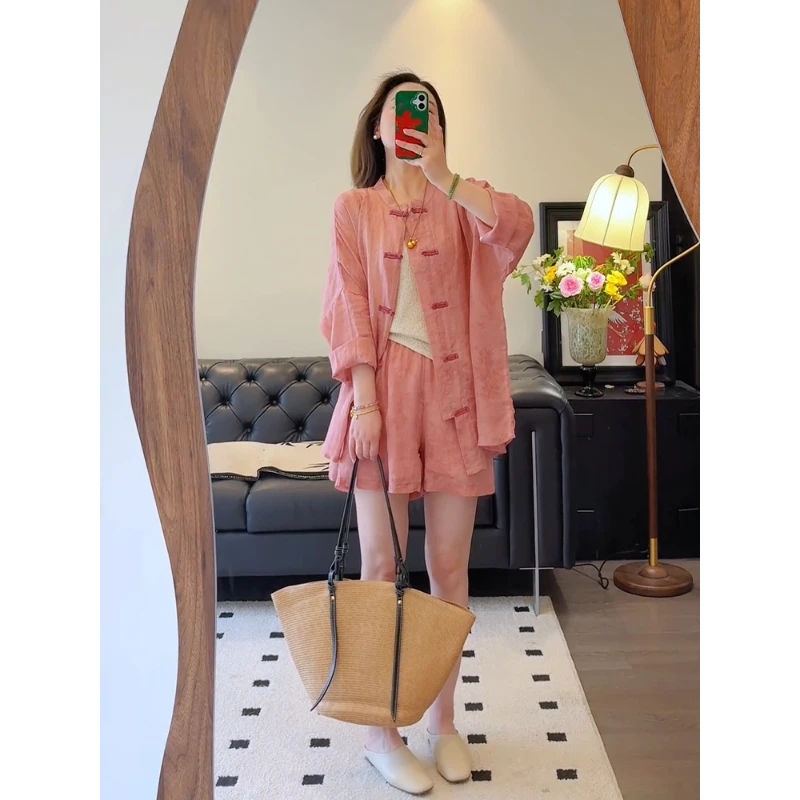 新中式国风女装2025新款清冷松弛感穿搭粉色百搭短裤两件套装夏季