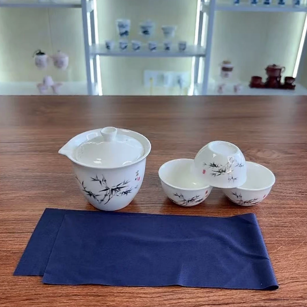 富竹简约便携式白瓷旅行茶具带茶盘适合车载户外旅游-KK0641