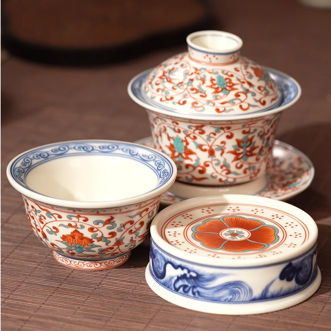 黄稀土珐琅彩缠枝莲陶瓷茶具套组/复古/三才盖碗