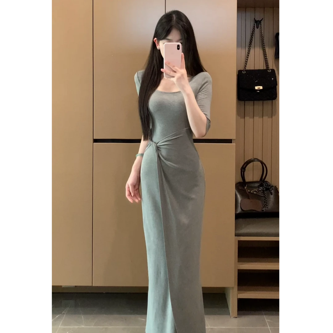 【玫瑰香拧】夏季法式长裙针织显瘦开叉设计感中袖连衣裙XY-195