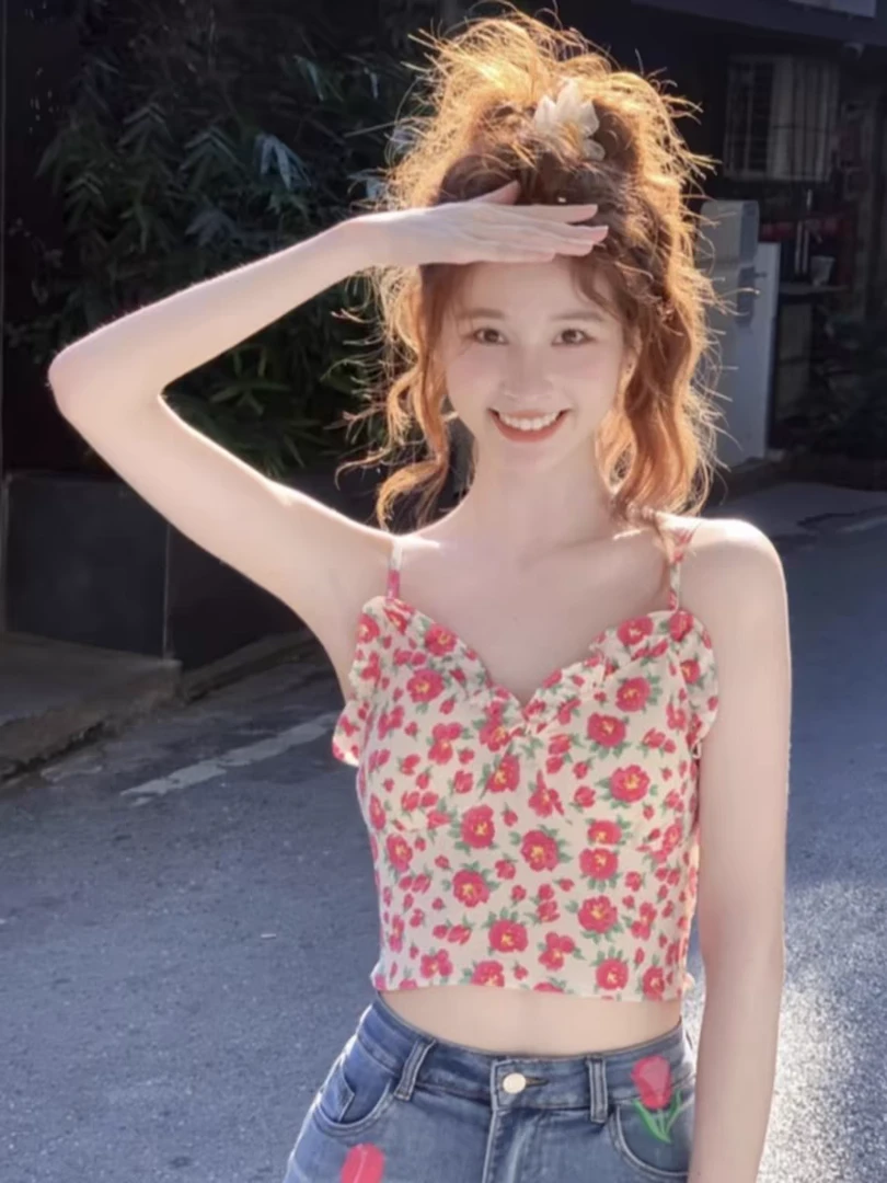 靓妹短款粉色碎花雪纺吊带背心女内搭外穿抹胸上衣
