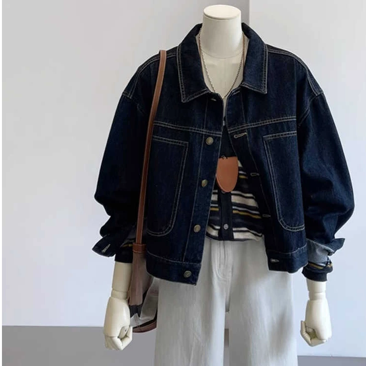 2025春新款复古明线设计感港风翻领短款牛仔外套女小个子休闲夹克