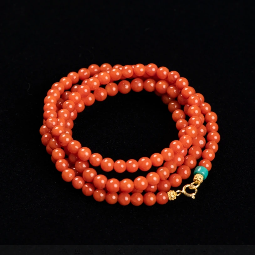 南红小米珠长链 绿松 18K金 珠径3-4mm 链长50cm k金约0.2gL