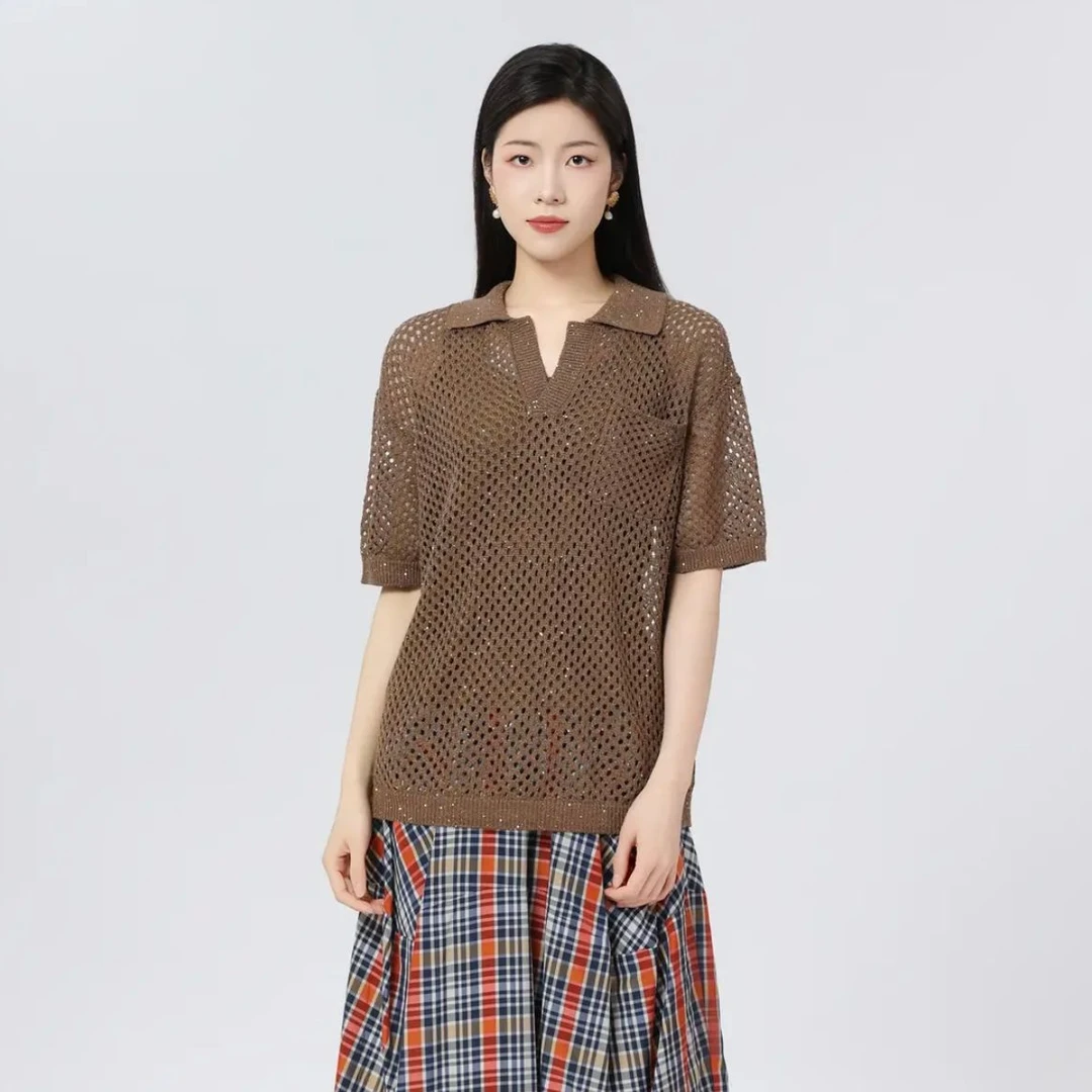AMASS/阿玛施女装时尚显瘦品牌复古优雅休闲POL0衫百搭短袖538008