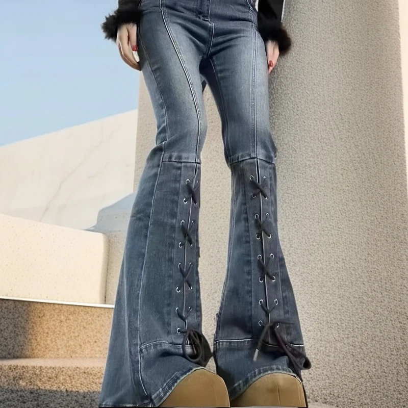 春季高腰喇叭裤朋克风微辣牛仔裤长裤微喇叭系带修身阔腿显瘦