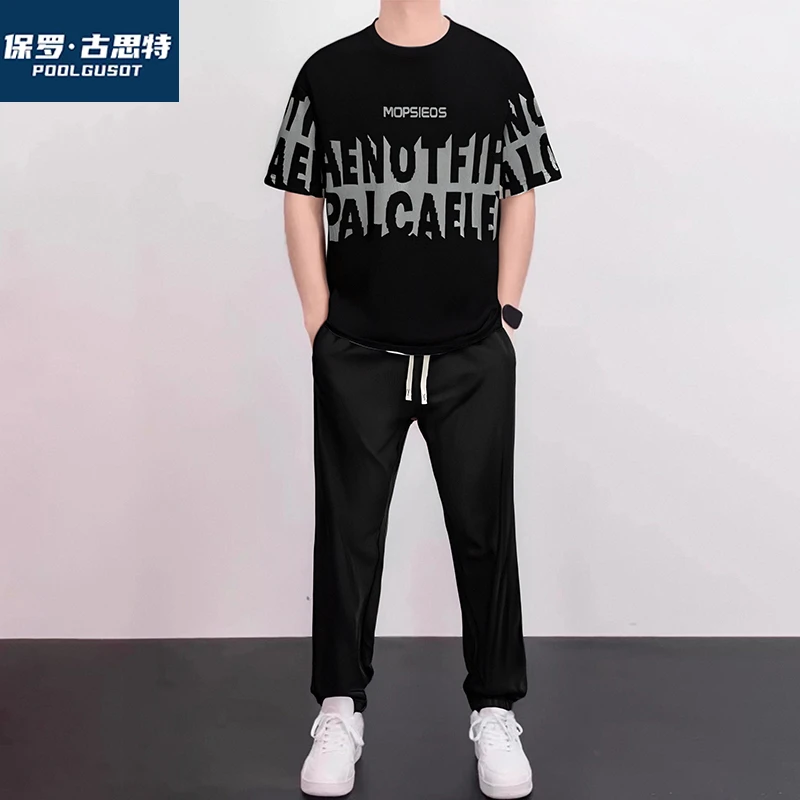 保罗·古思特男士潮流长裤套装两件套宽松时尚圆领短袖束脚直筒裤