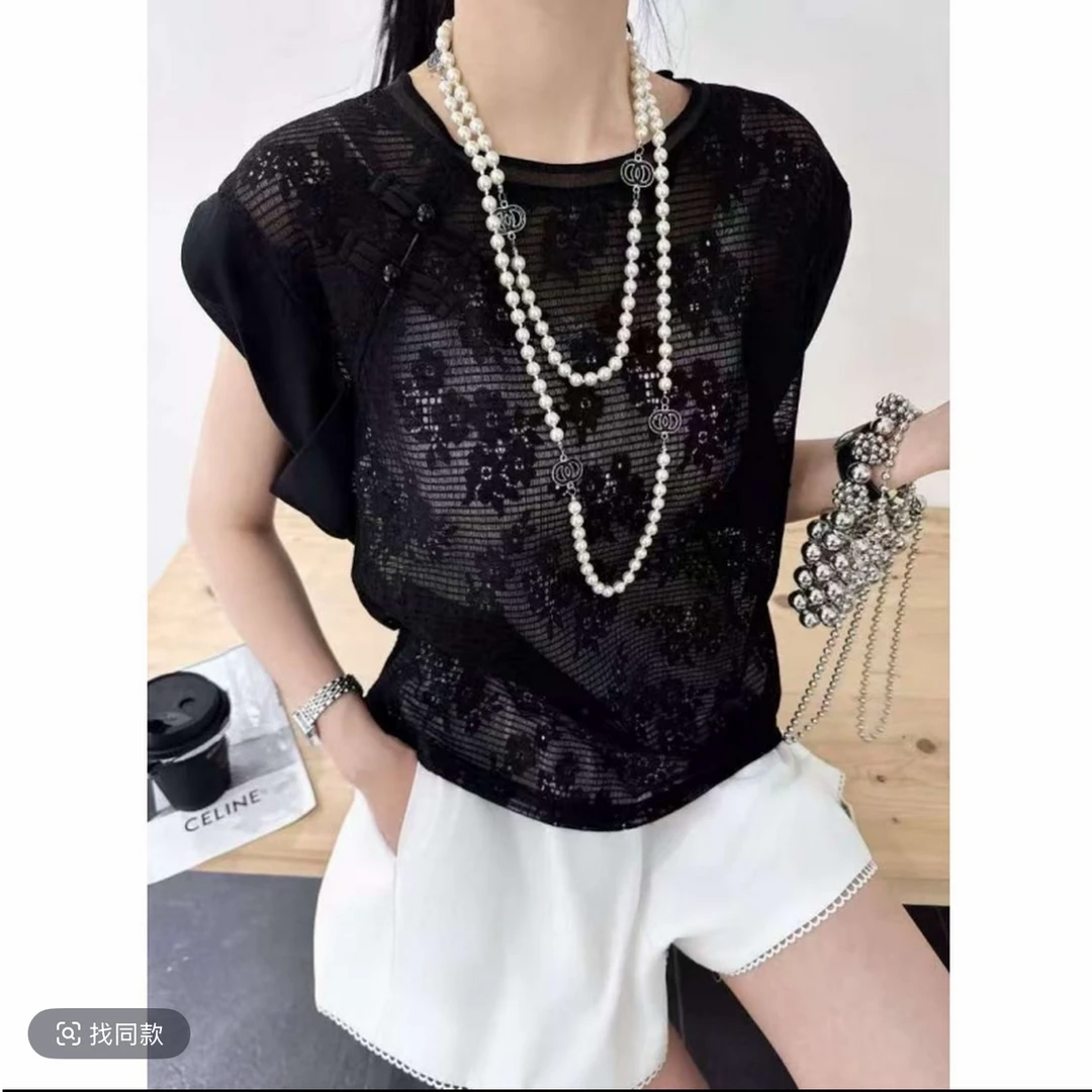 ZOZO-5136夏季新款女盘扣镂空透视印花设计师上衣