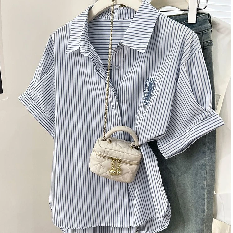 港风蓝色刺绣条纹短袖衬衫女夏季原宿polo正肩衬衣休闲宽松上衣