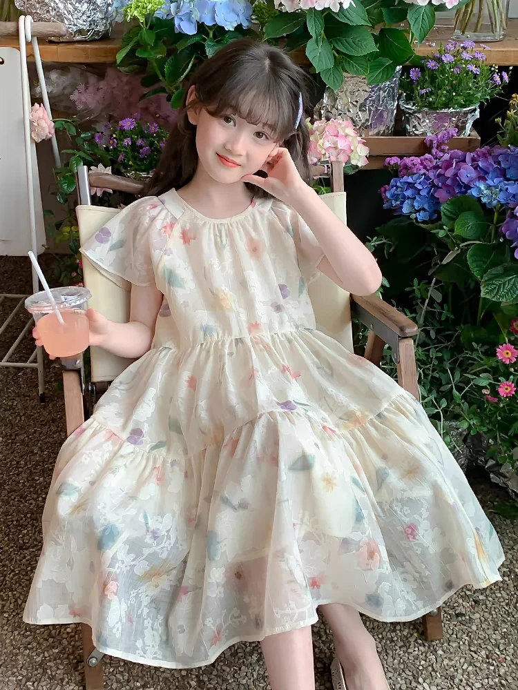 女童浮雕飞袖夏季连衣裙A4-3-3