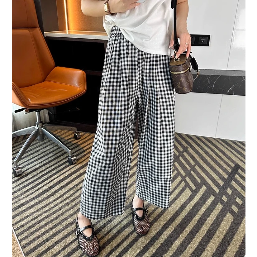 复古黑白格子休闲裤女2025夏新款梨形身材宽松显瘦九分阔腿奶奶裤
