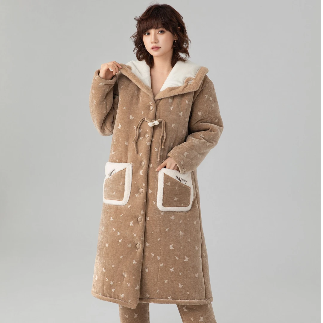 女士冬款加绒加厚中长款睡衣三层夹棉保暖家居服套装