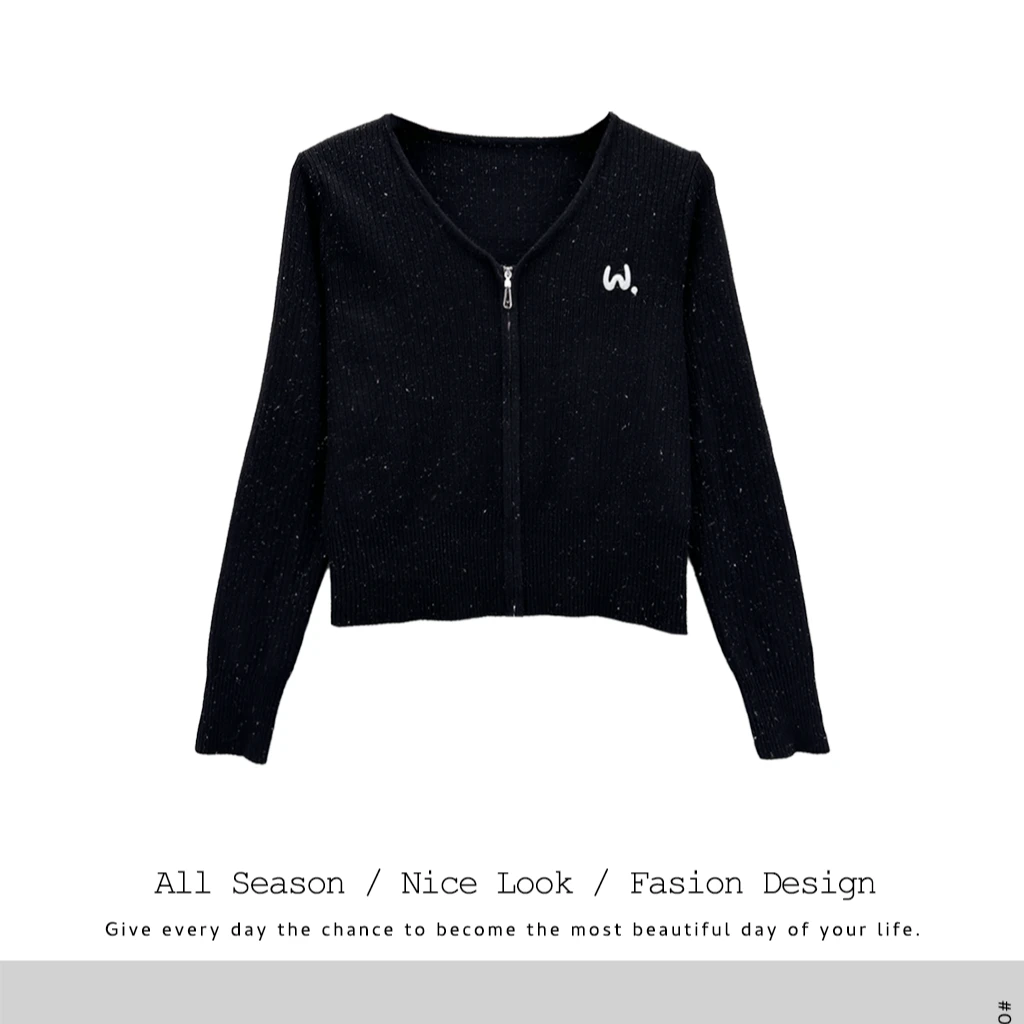 520 美式小V领双拉链毛衣女打底早春设计感刺绣上衣显瘦外套#H101