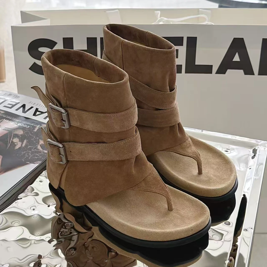 诗歌兰女靴2025夏款时尚百搭夹趾罗马鞋女百搭人字拖平底休闲凉靴