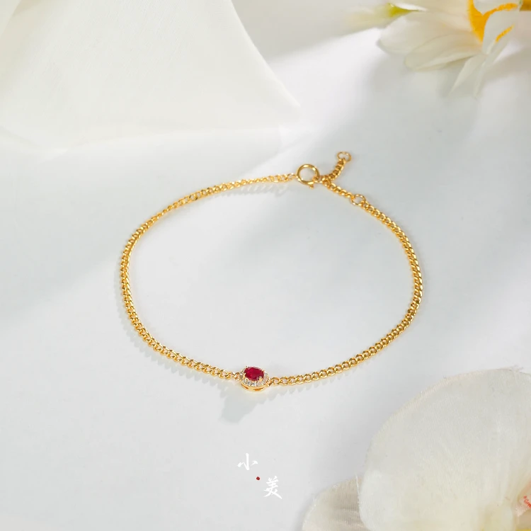 18K金*椭圆红宝石古巴链手链 G9809