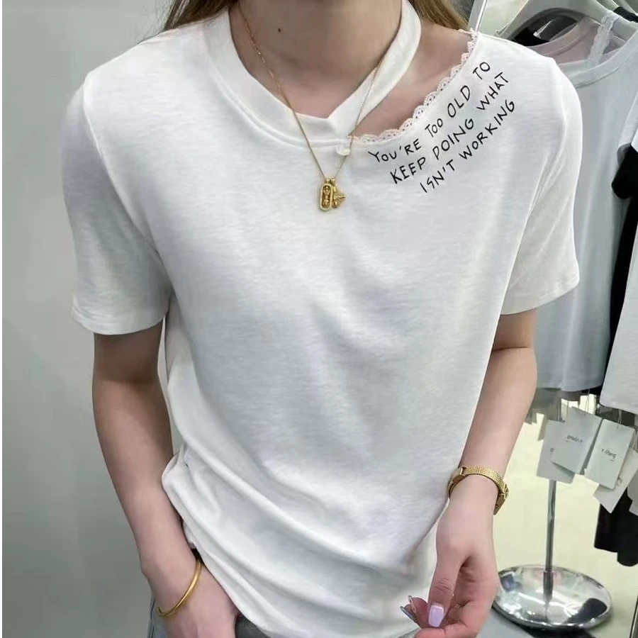 1093番外夏新款设计感洋气显瘦百搭蕾丝花边镂空短袖T恤女