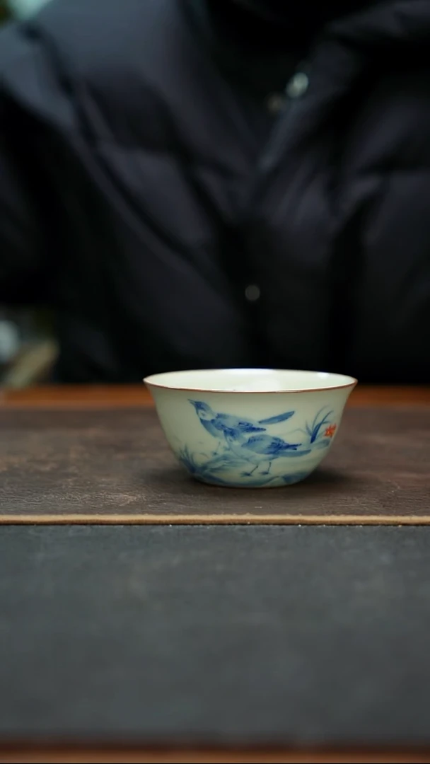 杯汝窑手绘青花卧足杯