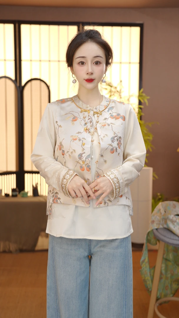 （柿柿如意）秋季新款中国风百搭上衣立领复古锦绣马甲FB2509088