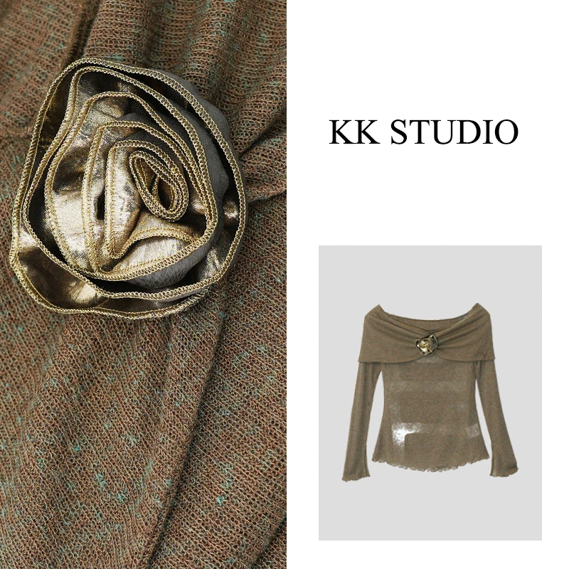 淇老板KK Studio25年早春气质感玫瑰花一字肩针织长袖上衣8825