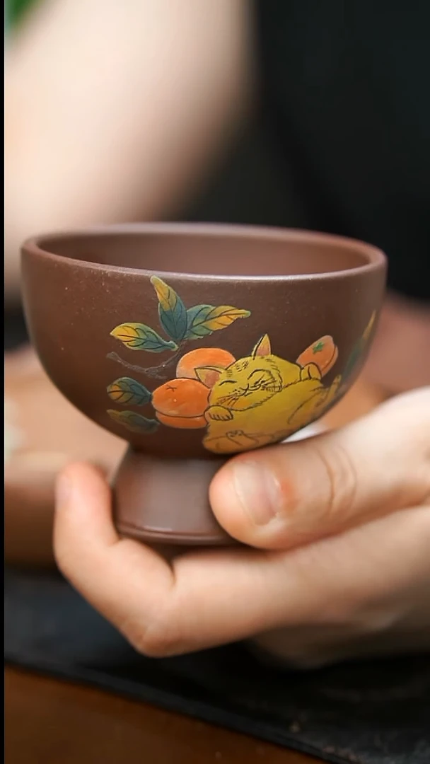 茶壶紫砂橘猫高足杯微瑕