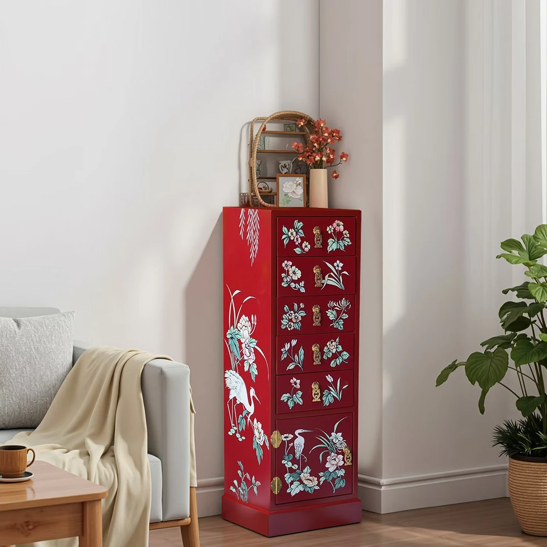TT43中式古典红色玄关柜花鸟斗柜边长30cm高94cm花几柜