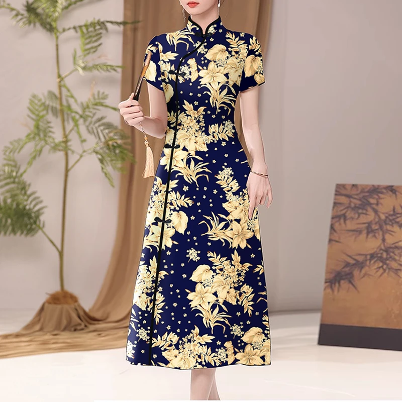 中国风旗袍夏季洋气复古印花显瘦气质50-60岁妈妈装新中式连衣裙