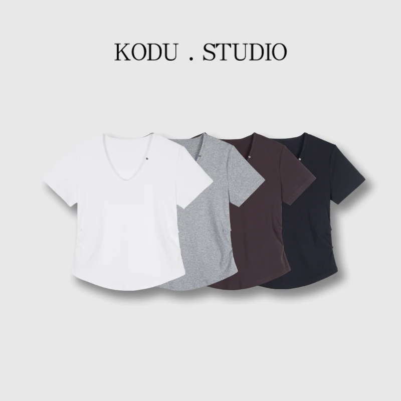 【刻度KODU】DE-5565夏季新款时尚两侧收腰U型领弧形下摆短袖T恤