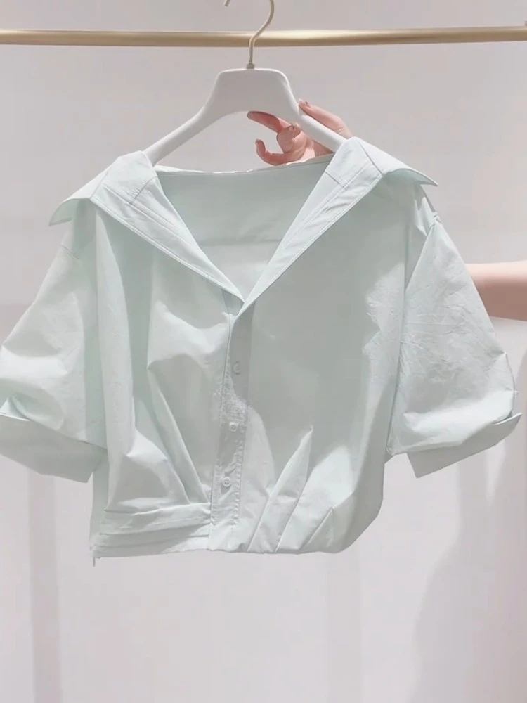 法式绝美小上衣超好看独特漂亮宽松慵懒风大码薄荷绿泡泡袖衬衫夏