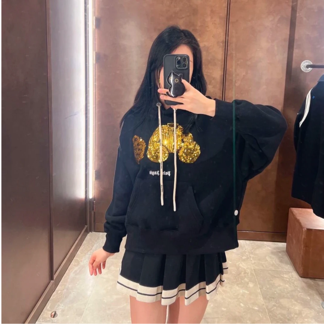 全新未使用 Palm Angels 黑色 亮片小熊连帽衫