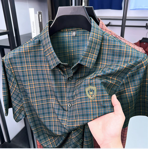 9-999夏季冰丝格子短袖中年男士商务休闲时尚薄款无痕百搭高档