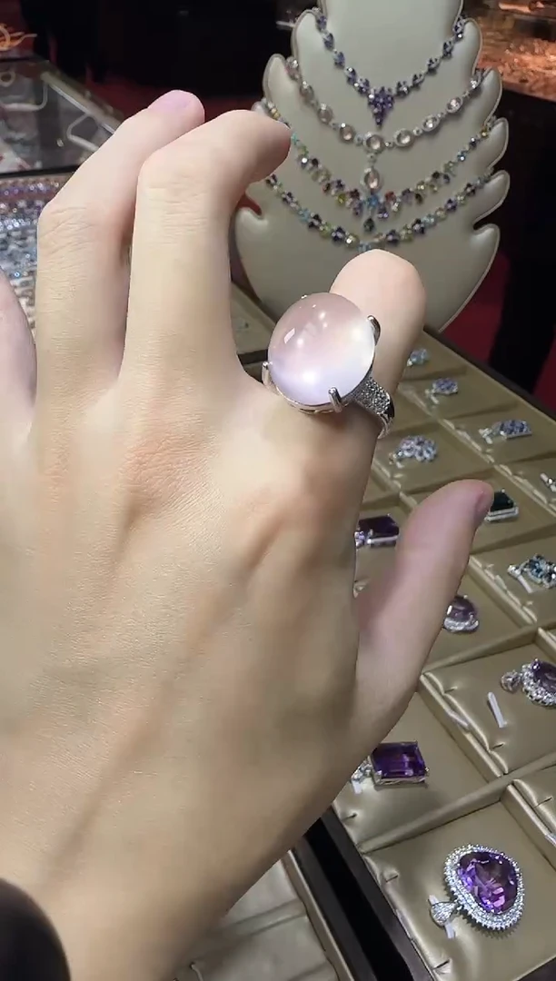 银S925镶嵌戒指芙蓉石16*14mm星光粉水晶