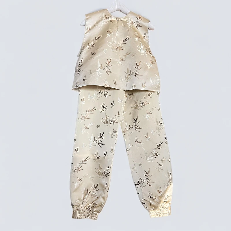 【壁虎姐】GECKO2025新款 新中式香槟色竹子马夹束脚裤套装