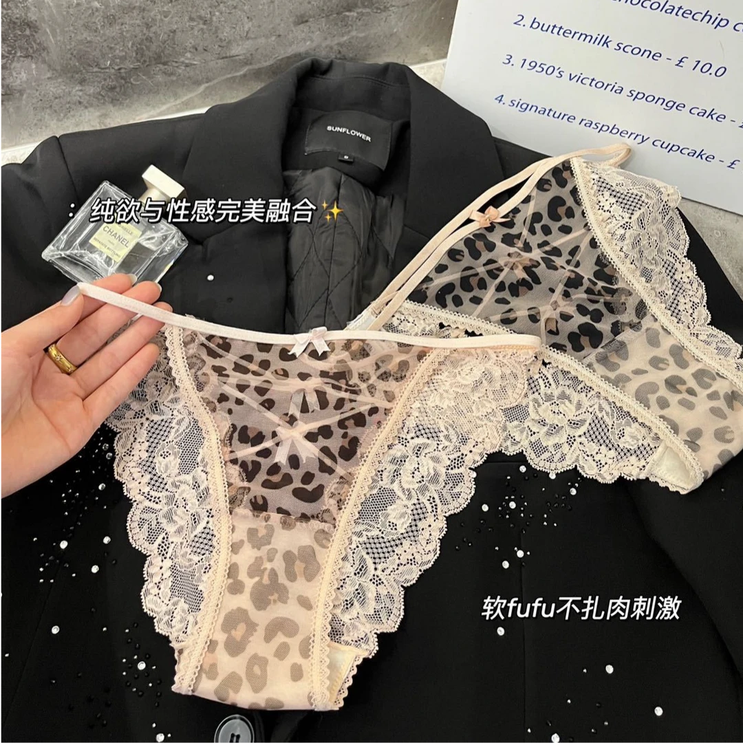 欧美风轻奢性感蕾丝豹纹交叉绑带镂空低腰蝴蝶结三角内裤