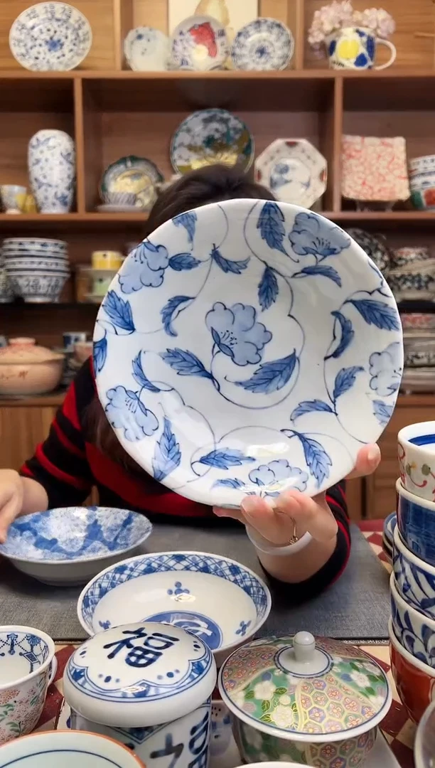 瓷片清秀线牡丹16.5cm浅钵碗