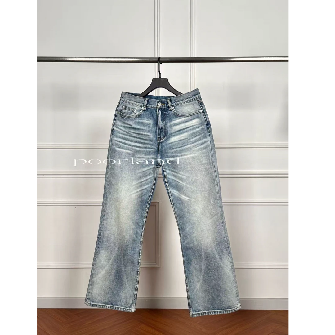 [冰蓝大理石纹]14.5oz立体猫须水洗646直筒牛仔裤PoorLand黑标