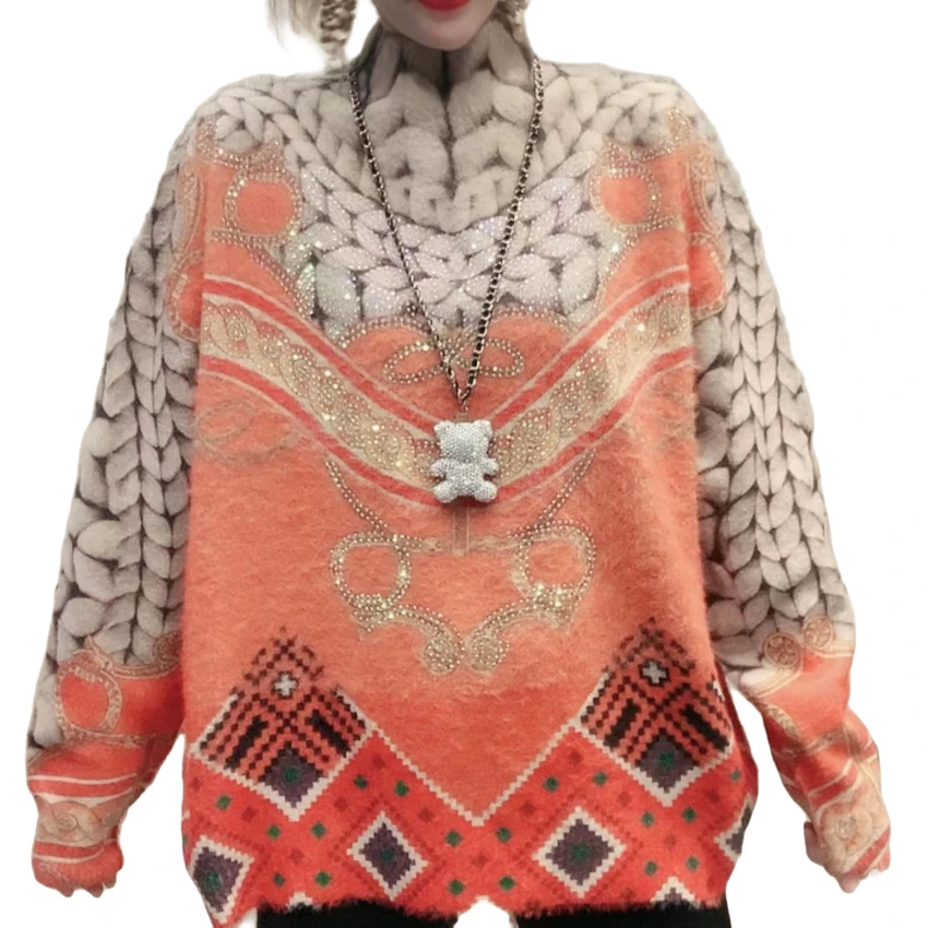 万人迷-半高领-毛衣--欧货网红潮流时尚百搭秋冬烫钻印花时尚女装