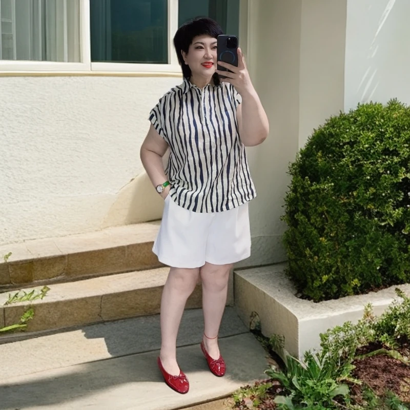 【25576】砍袖蓝条纹麻衫 夏季新款女士文艺日常通勤/MS