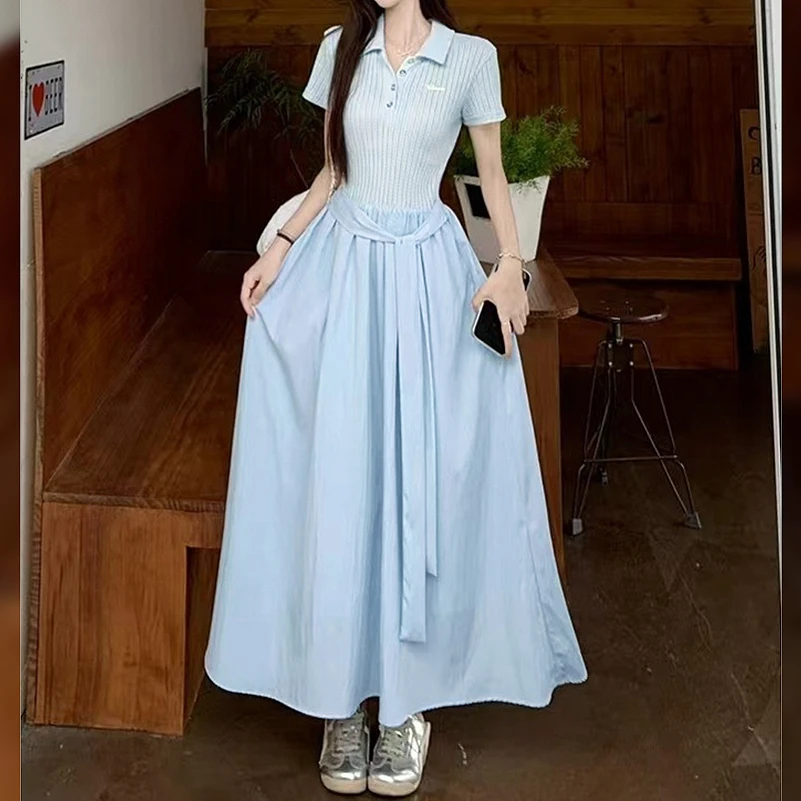 大码女装300斤时尚胖MM系带POLO领小众设计感显瘦连衣裙66955