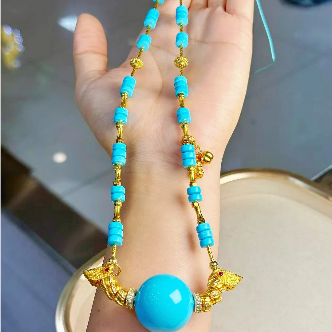 【沐羽珠宝】USA蓝色手工大圆珠天使之翼吊坠项链12045