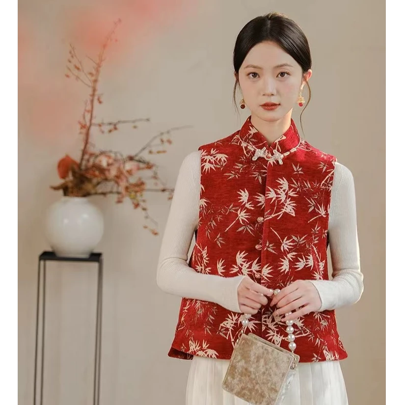 山有色 竹报平安｜红色新年款冬竹叶提花夹棉新中式国风马甲6288