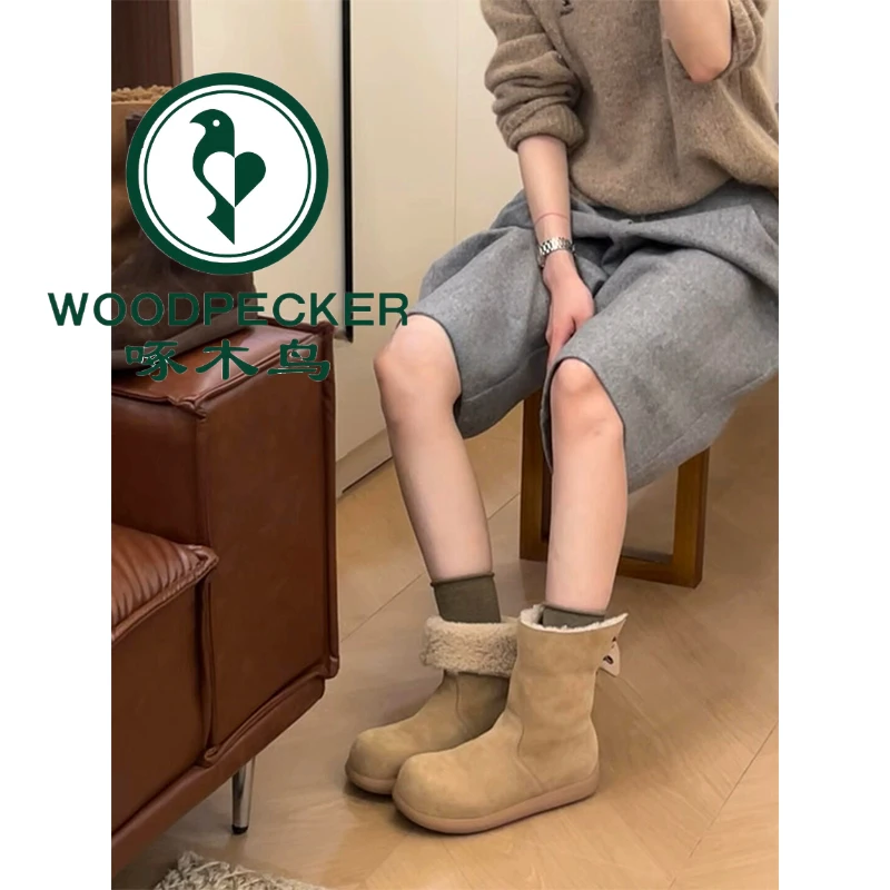 啄木鸟小暖炉两穿高帮雪地靴2025年秋冬季新款面包鞋韩版加绒棉鞋