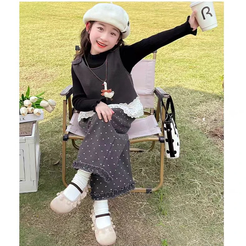 女童卫衣套装韩版新款宝宝春装儿童蕾丝洋气马甲背心三件套春装