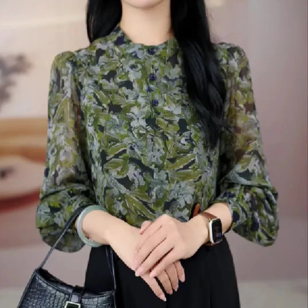 X9997新款碎花衬衫气质复古减龄宽松遮肚显瘦百搭长袖小衫上衣女