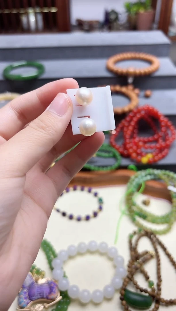 银S925镶嵌耳饰淡水珍珠s925银珍珠耳钉10mmZD