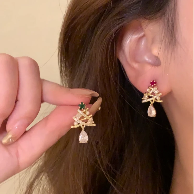 铜合金锆石耳饰 2025新款闪锆圣诞树耳环女AB款精致独特耳针耳饰
