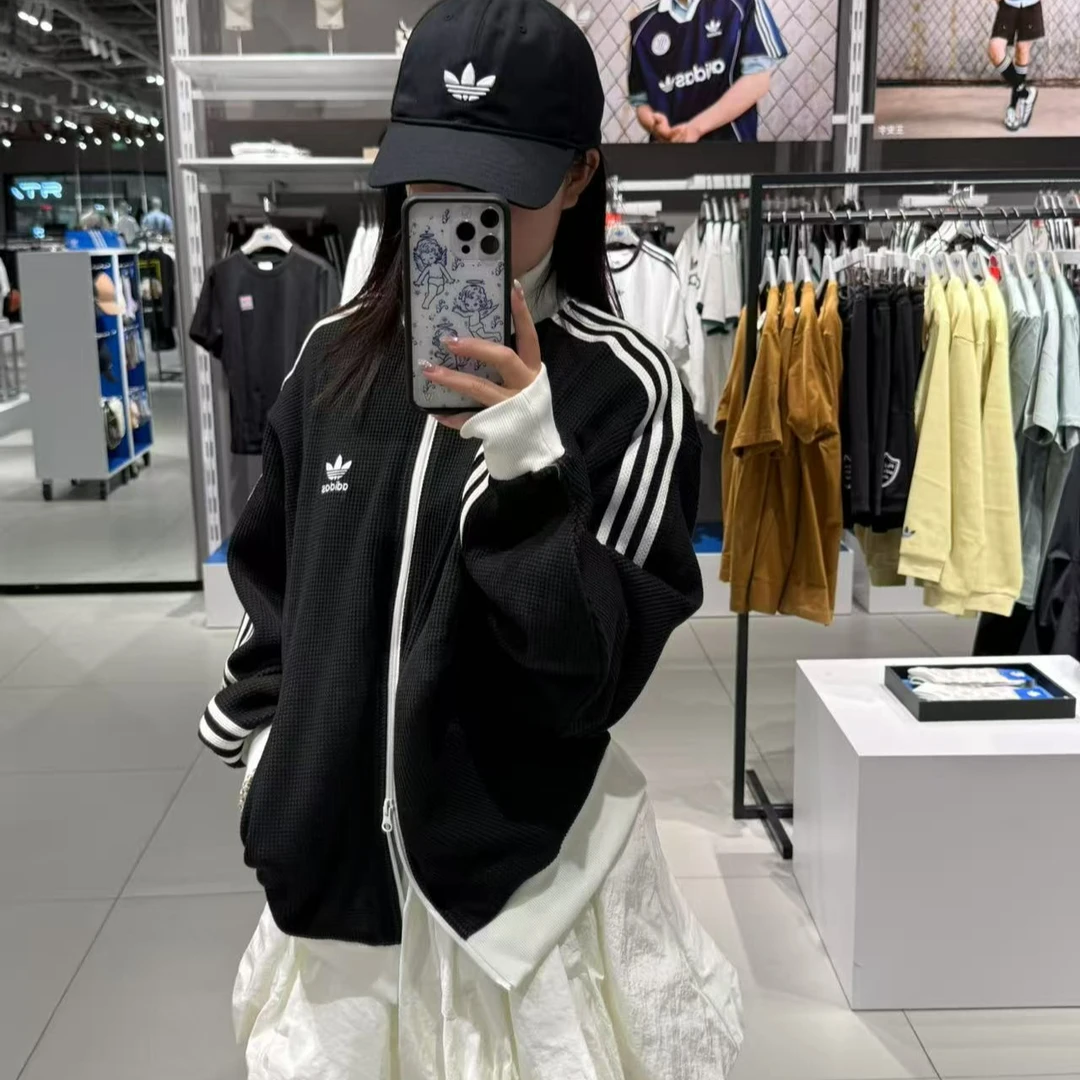 adidas/阿迪达斯三叶草黑色华夫格立领运动宽松夹克外套KC2619