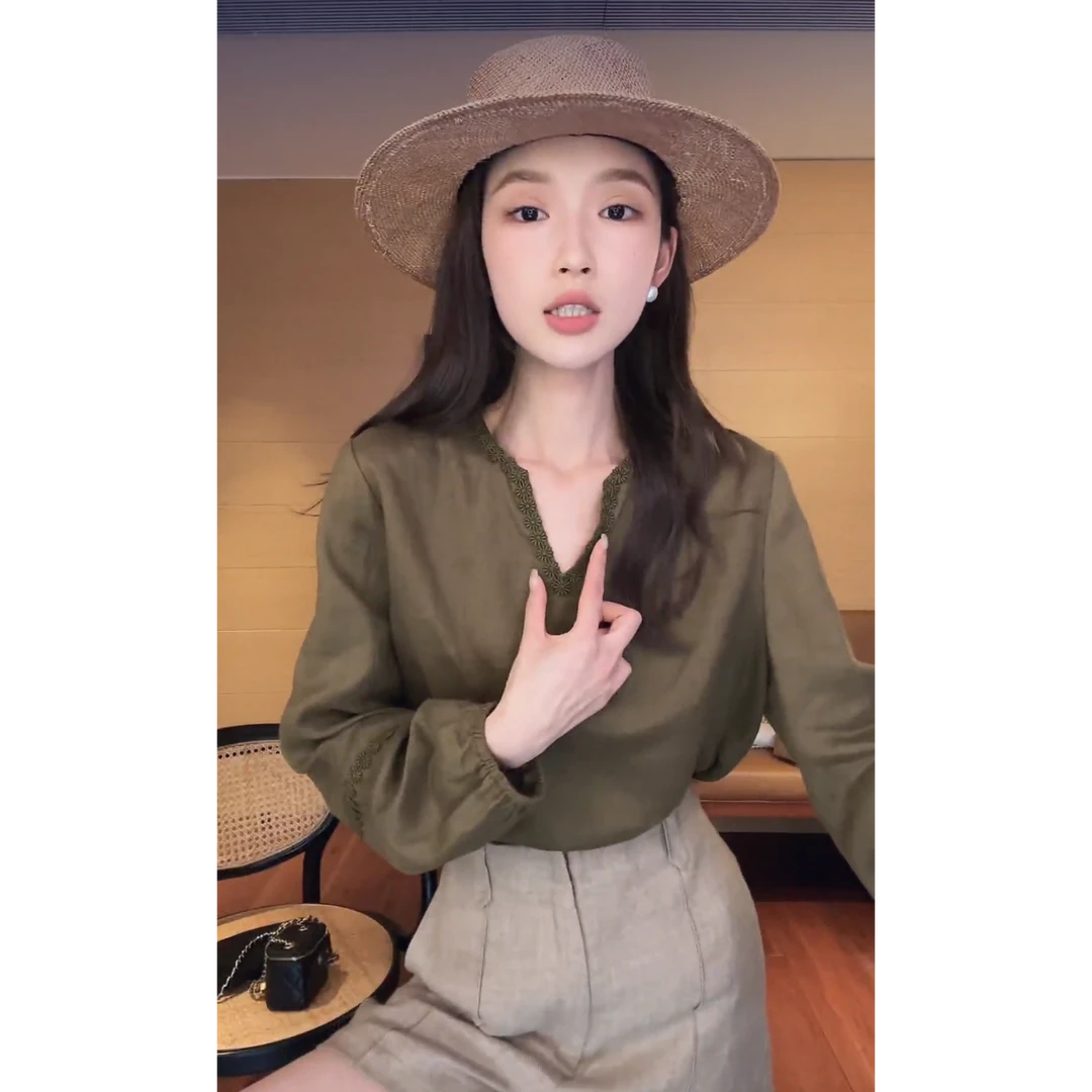 CsyX2-2025S/S早春新款"绣线菊"100亚麻V领钩花中式衬衫CZ5XC009