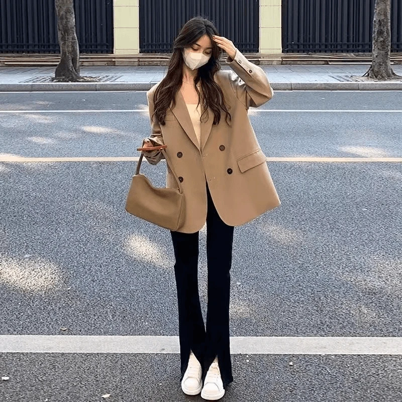 韩版西装风双排扣纯欲风小个子上衣气质款外套女大码百搭